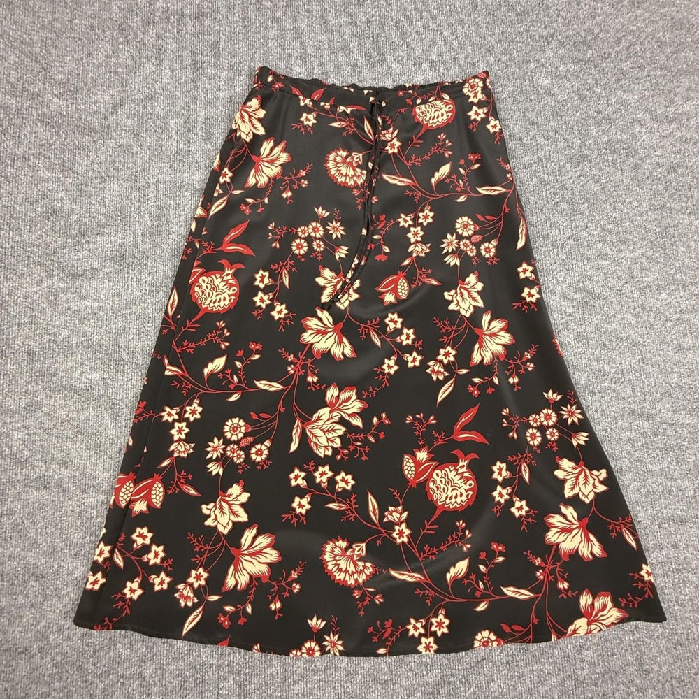 Sag Harbor Skirt Womens Medium Black Floral A-Line Midi Elastic Waist